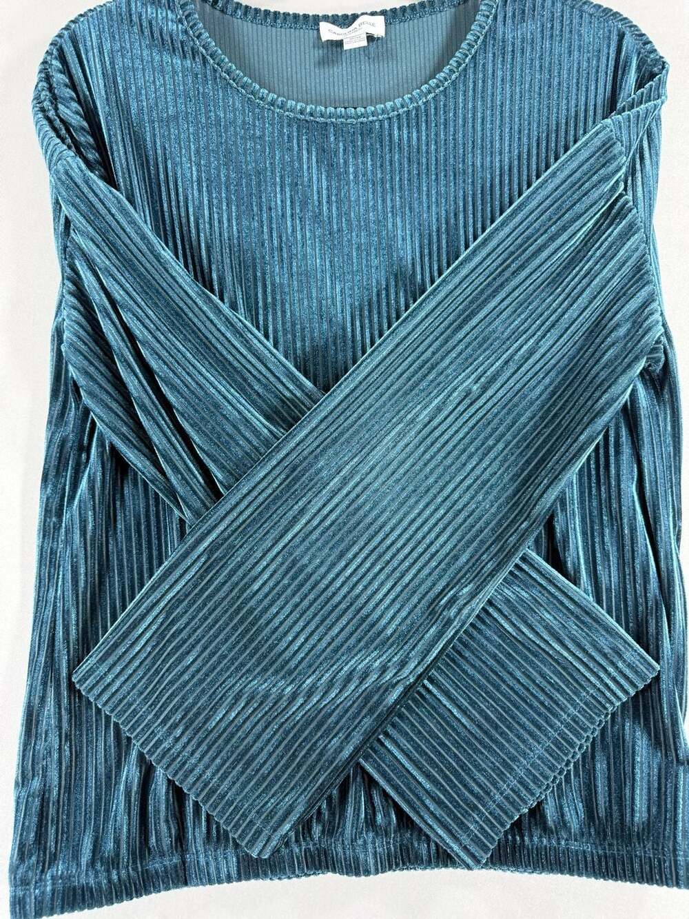 Carolina Belle Montreal Teal Pleated Velour Long Sleeve Top Women's Medium - Picture 3 of 13